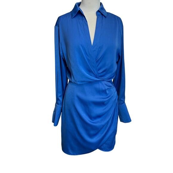 Lucy Paris  Blue Wrap Mini Dress SzM Long Sleeve Ruched Draped Elegant Cocktail - Picture 3 of 9